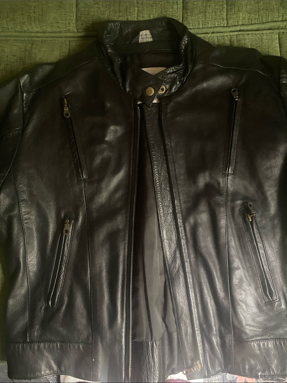 Classic Black Leather Bomber Jacket with Zip Pockets